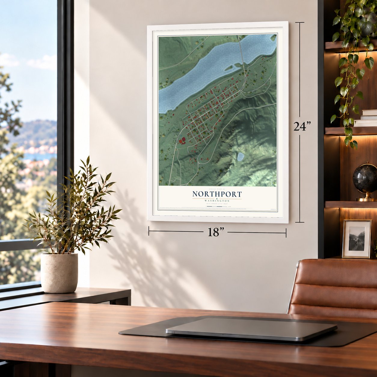 Northport, Washington map, 18 x 24 inch print in a white frame in a home office