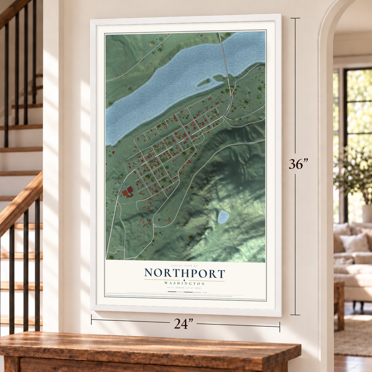 Northport, Washington map, 24 x 36 inch print in a white frame by a staircase