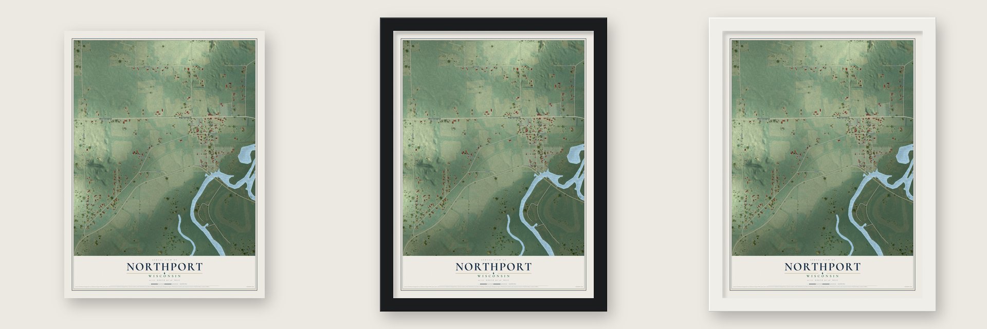 Northport, Wisconsin map unframed, in a black wood frame and in a white wood frame
