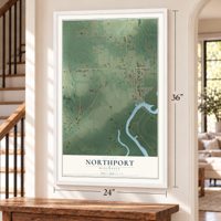 Northport, Wisconsin map, 24 x 36 inch print in a white frame by a staircase