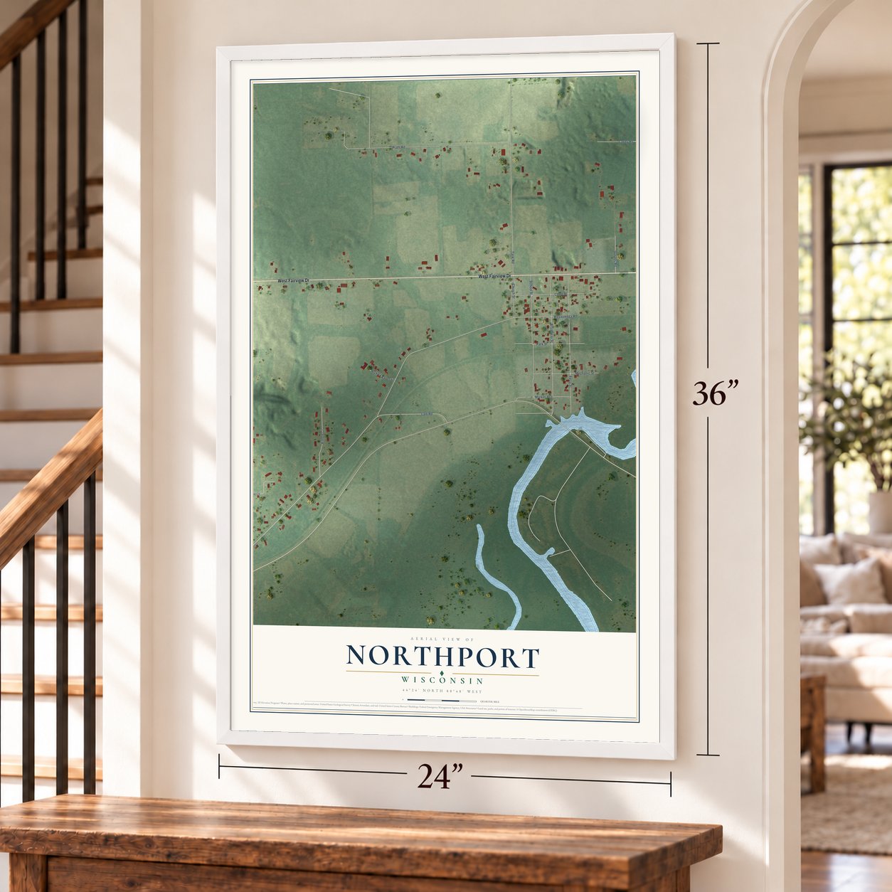 Northport, Wisconsin map, 24 x 36 inch print in a white frame by a staircase