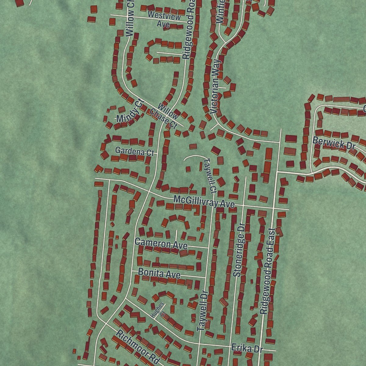 Second close-up of the map of Northridge, Ohio print showing more streets and buildings