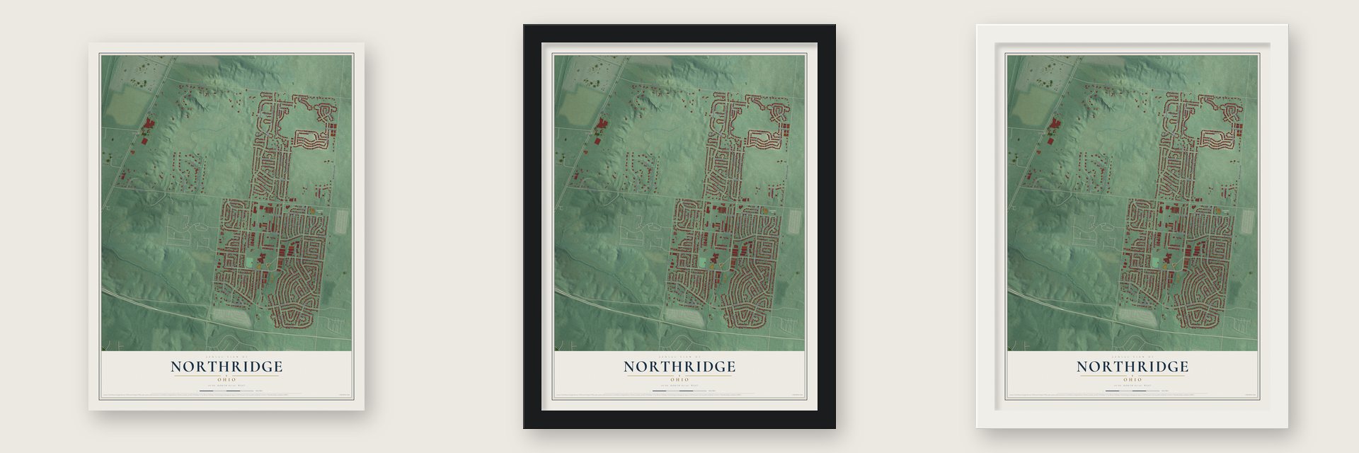 Northridge, Ohio map unframed, in a black wood frame and in a white wood frame