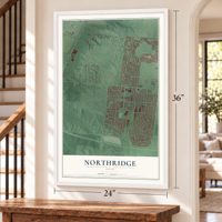 Northridge, Ohio map, 24 x 36 inch print in a white frame by a staircase