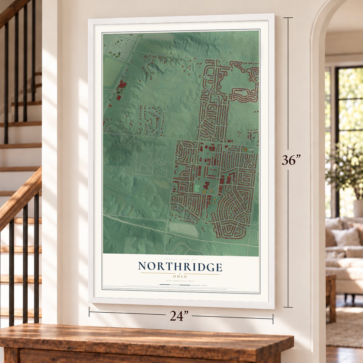 Northridge, Ohio map, 24 x 36 inch print in a white frame by a staircase