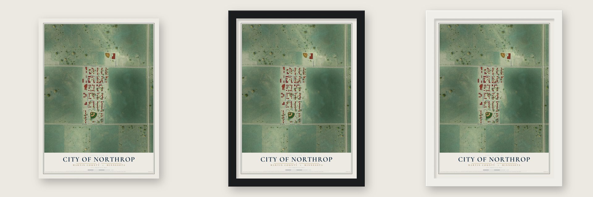 Northrop, Minnesota map unframed, in a black wood frame and in a white wood frame