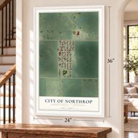 Northrop, Minnesota map, 24 x 36 inch print in a white frame by a staircase