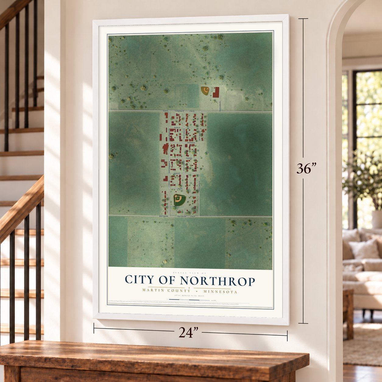 Northrop, Minnesota map, 24 x 36 inch print in a white frame by a staircase