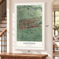 Northside, California map, 24 x 36 inch print in a white frame by a staircase
