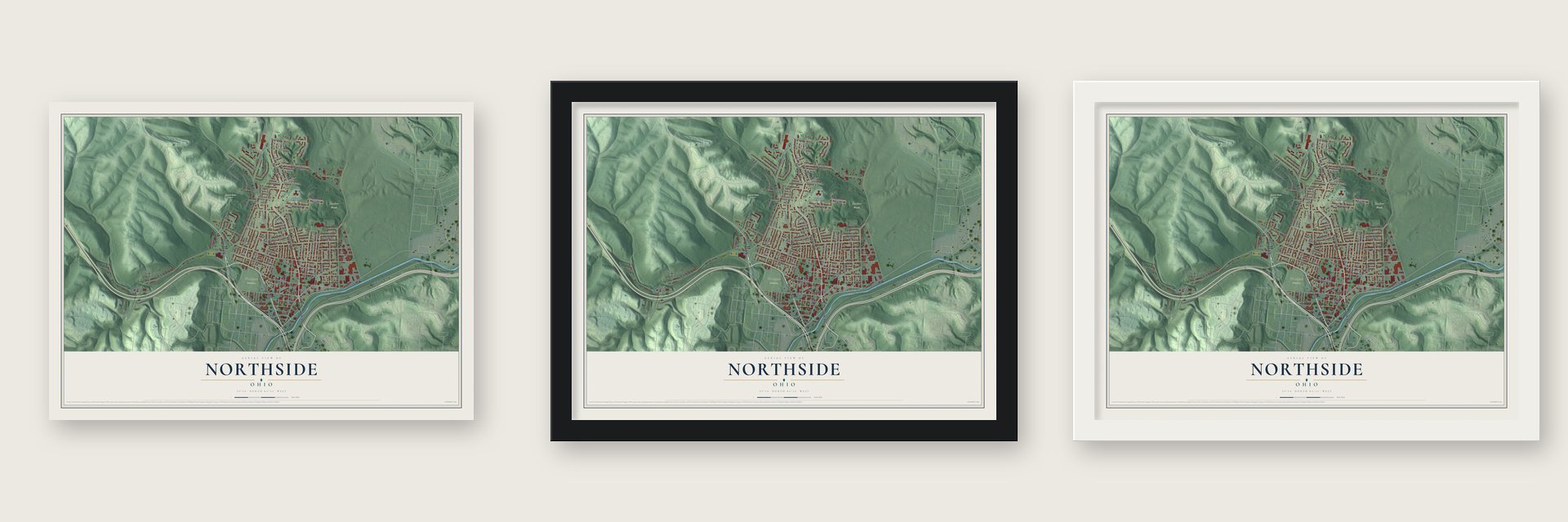 Northside, Ohio map unframed, in a black wood frame and in a white wood frame