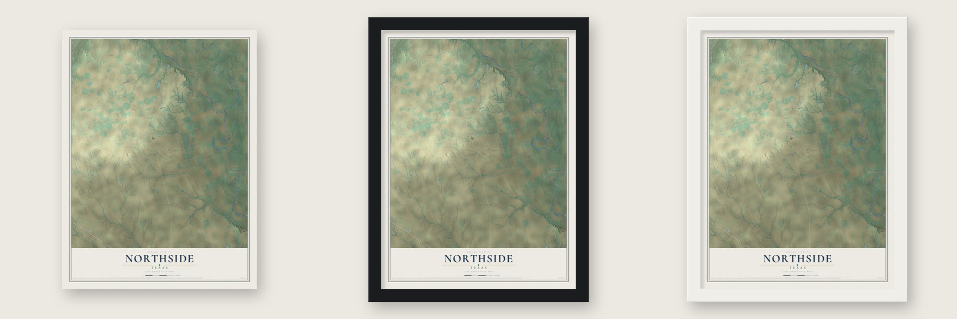 Northside, Texas map unframed, in a black wood frame and in a white wood frame