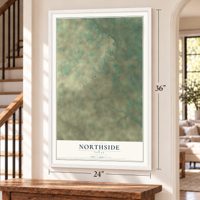 Northside, Texas map, 24 x 36 inch print in a white frame by a staircase