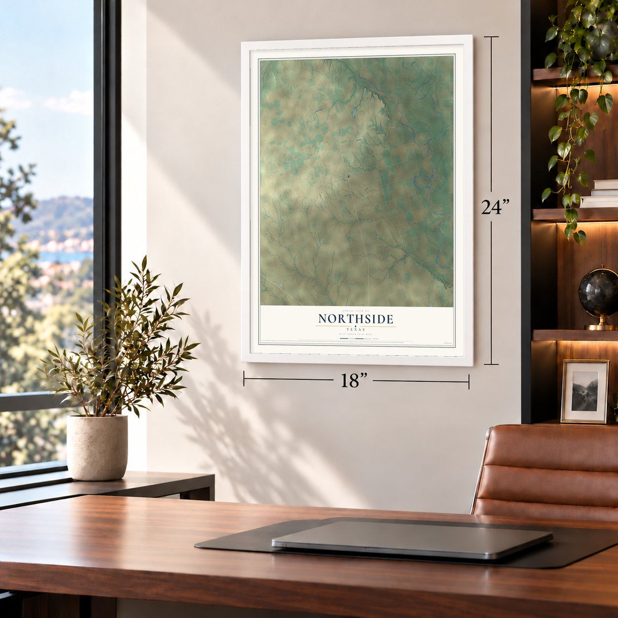 Northside, Texas map, 18 x 24 inch print in a white frame in a home office