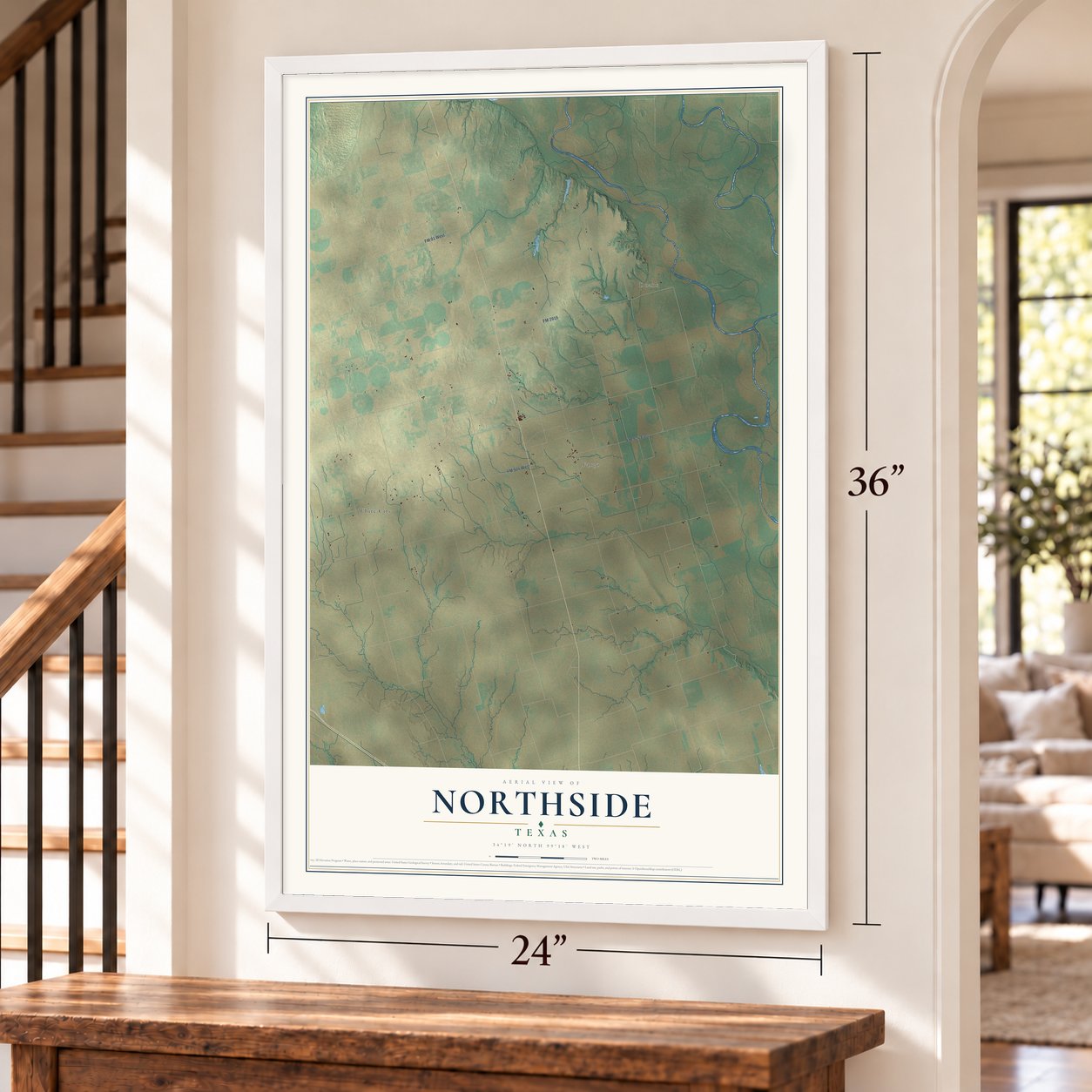 Northside, Texas map, 24 x 36 inch print in a white frame by a staircase