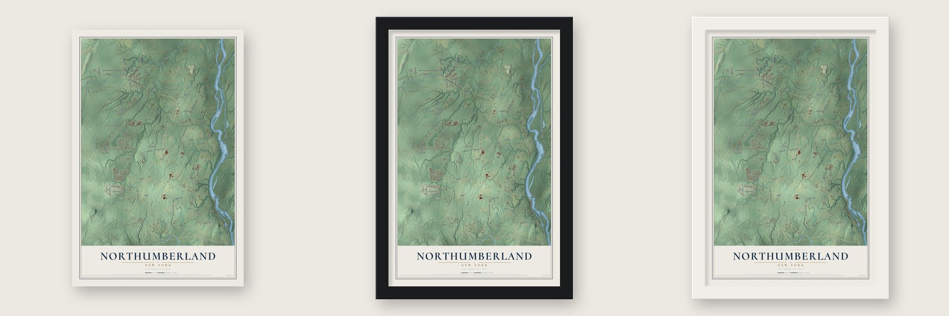 Northumberland, New York map unframed, in a black wood frame and in a white wood frame