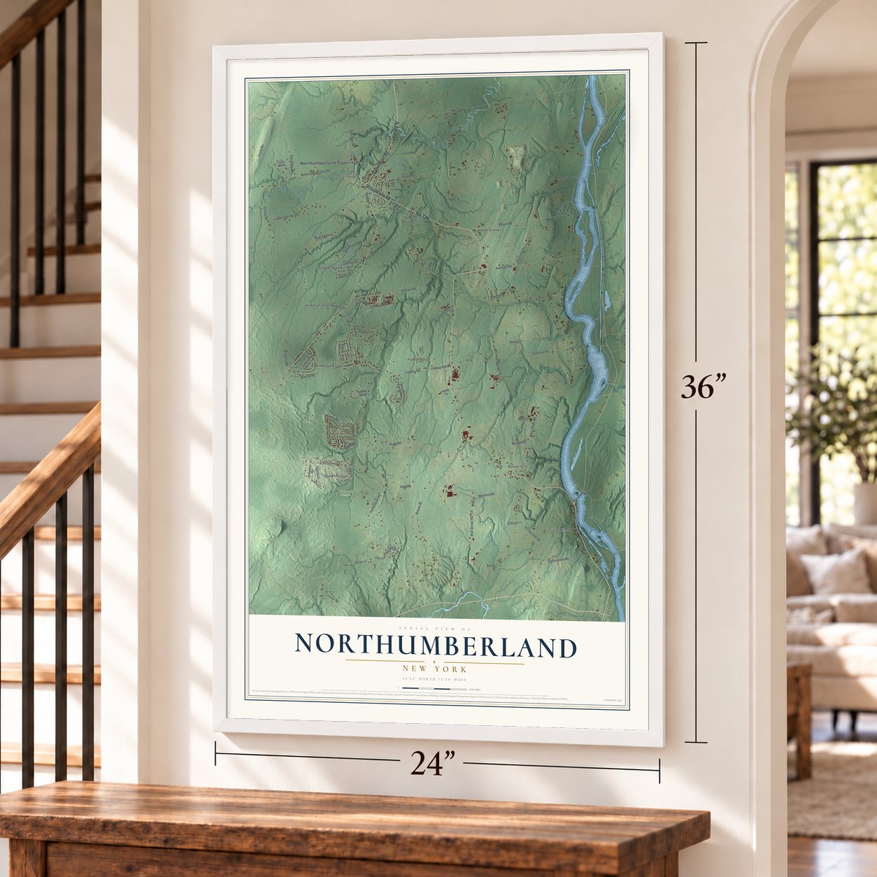Northumberland, New York map, 24 x 36 inch print in a white frame by a staircase
