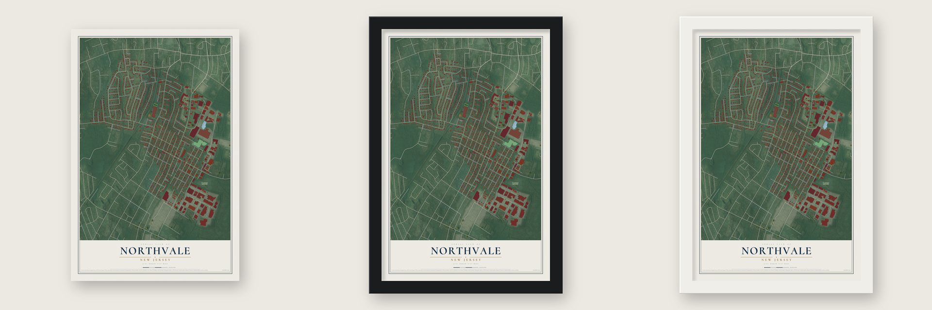 Northvale, New Jersey map unframed, in a black wood frame and in a white wood frame