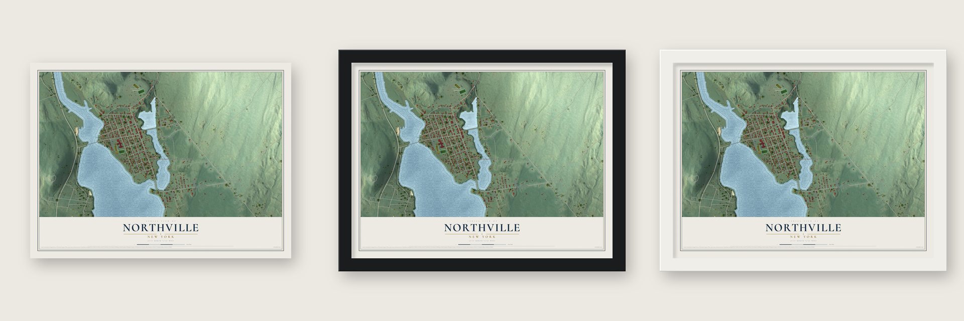 Northville, New York map unframed, in a black wood frame and in a white wood frame