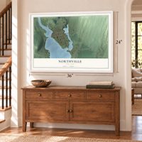 Northville, New York map, 24 x 36 inch print in a white frame above a dresser by a staircase