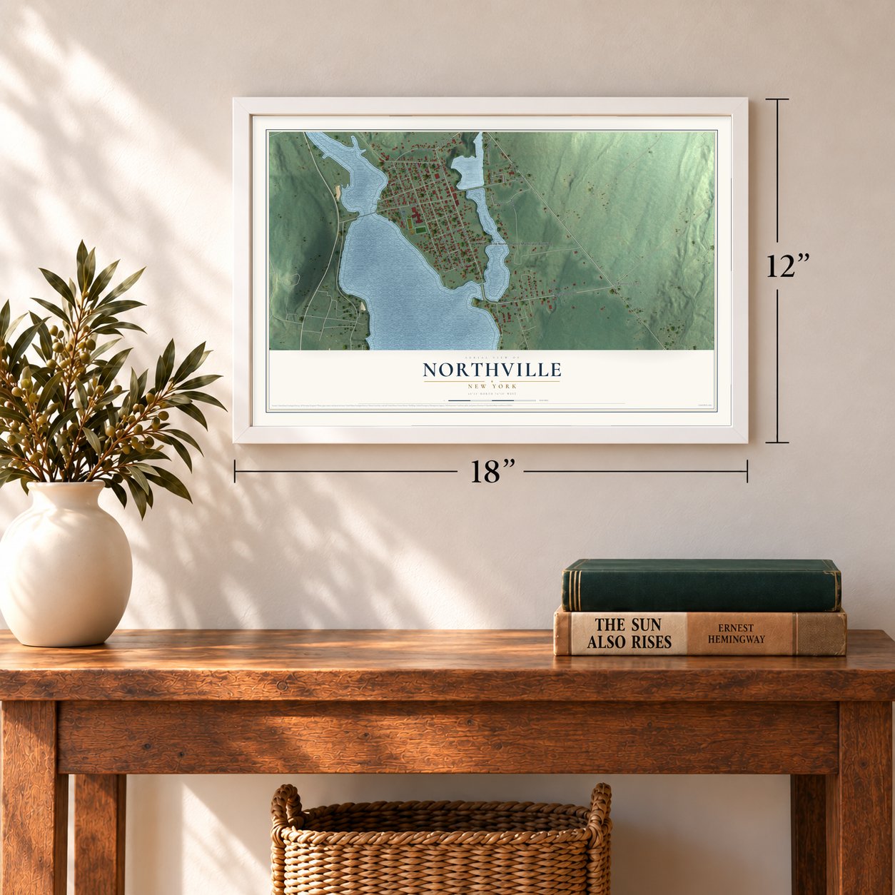 Northville, New York map, 12 x 18 inch print in a white frame in an entryway