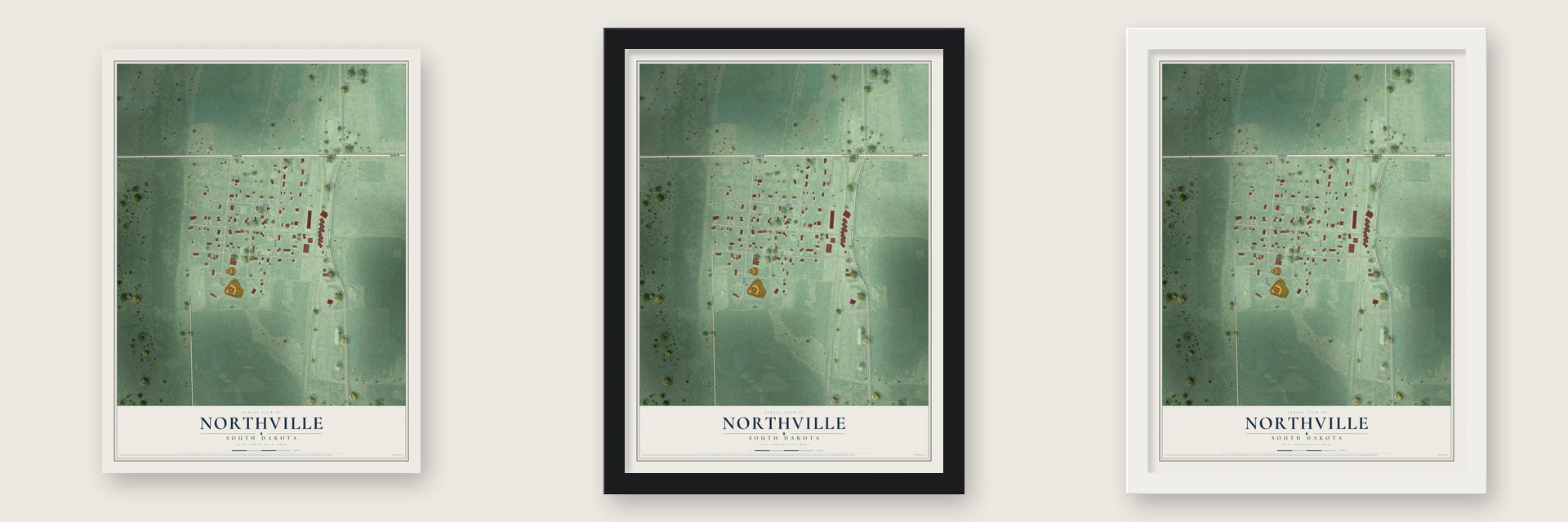 Northville, South Dakota map unframed, in a black wood frame and in a white wood frame
