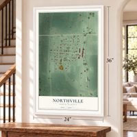 Northville, South Dakota map, 24 x 36 inch print in a white frame by a staircase