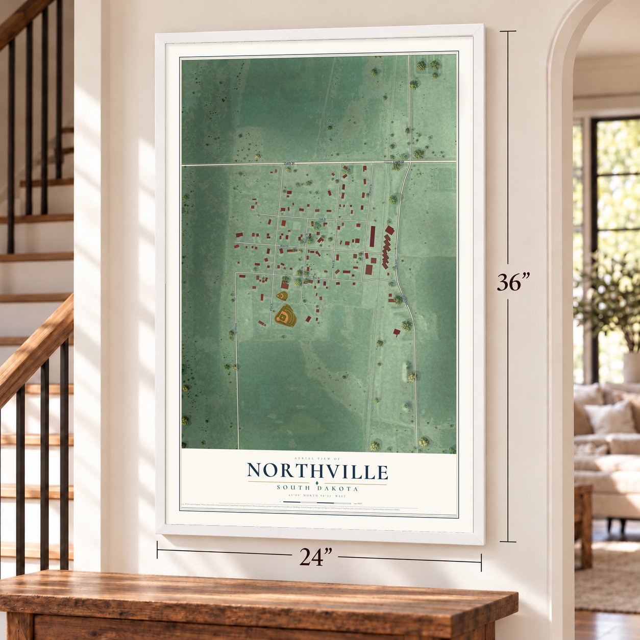 Northville, South Dakota map, 24 x 36 inch print in a white frame by a staircase