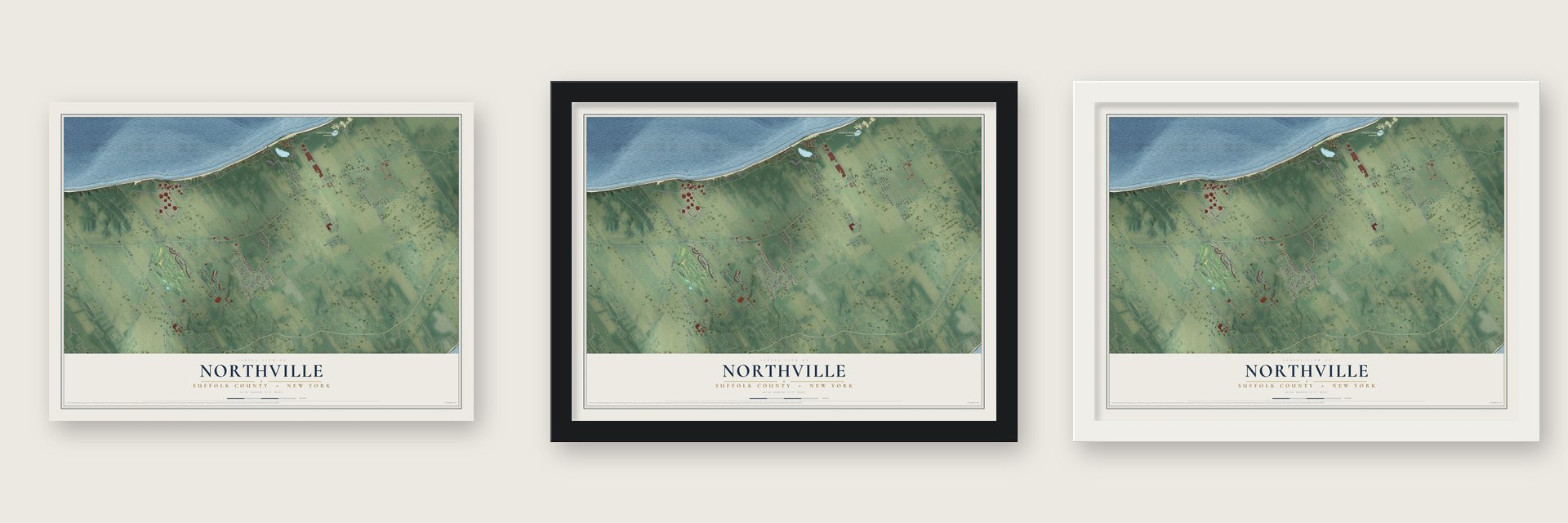 Northville, Suffolk County, New York map unframed, in a black wood frame and in a white wood frame