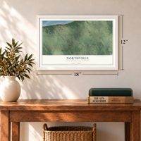 Northville, Suffolk County, New York map, 12 x 18 inch print in a white frame in an entryway