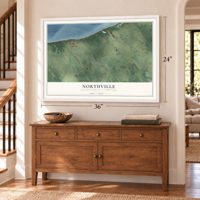 Northville, Suffolk County, New York map, 24 x 36 inch print in a white frame above a dresser by a staircase