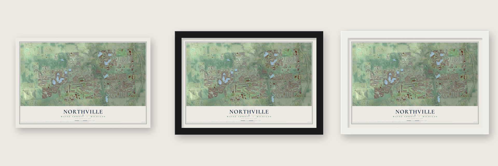 Northville, Wayne County, Michigan map unframed, in a black wood frame and in a white wood frame
