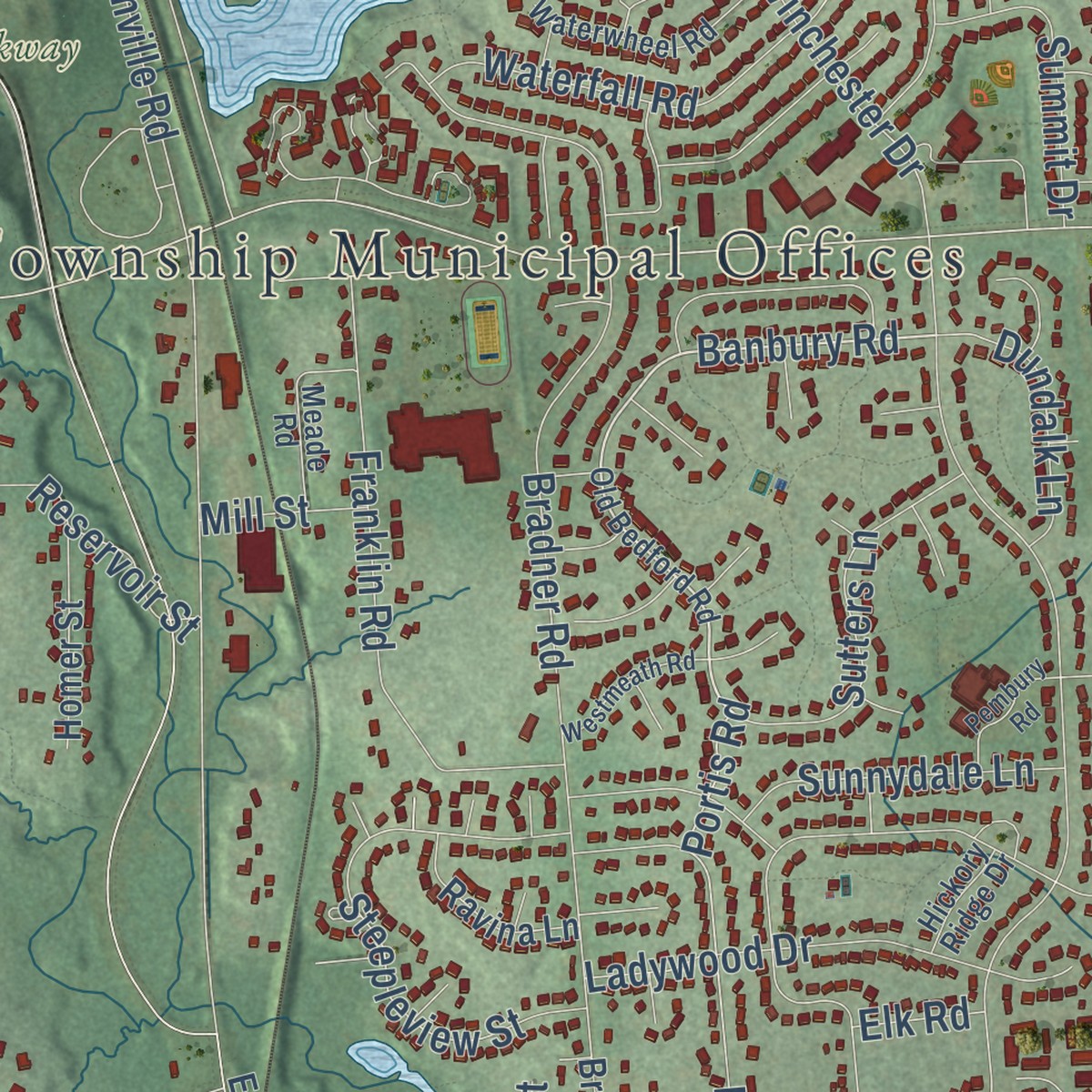 Second close-up of the map of Northville, Wayne County, Michigan print showing more streets and buildings