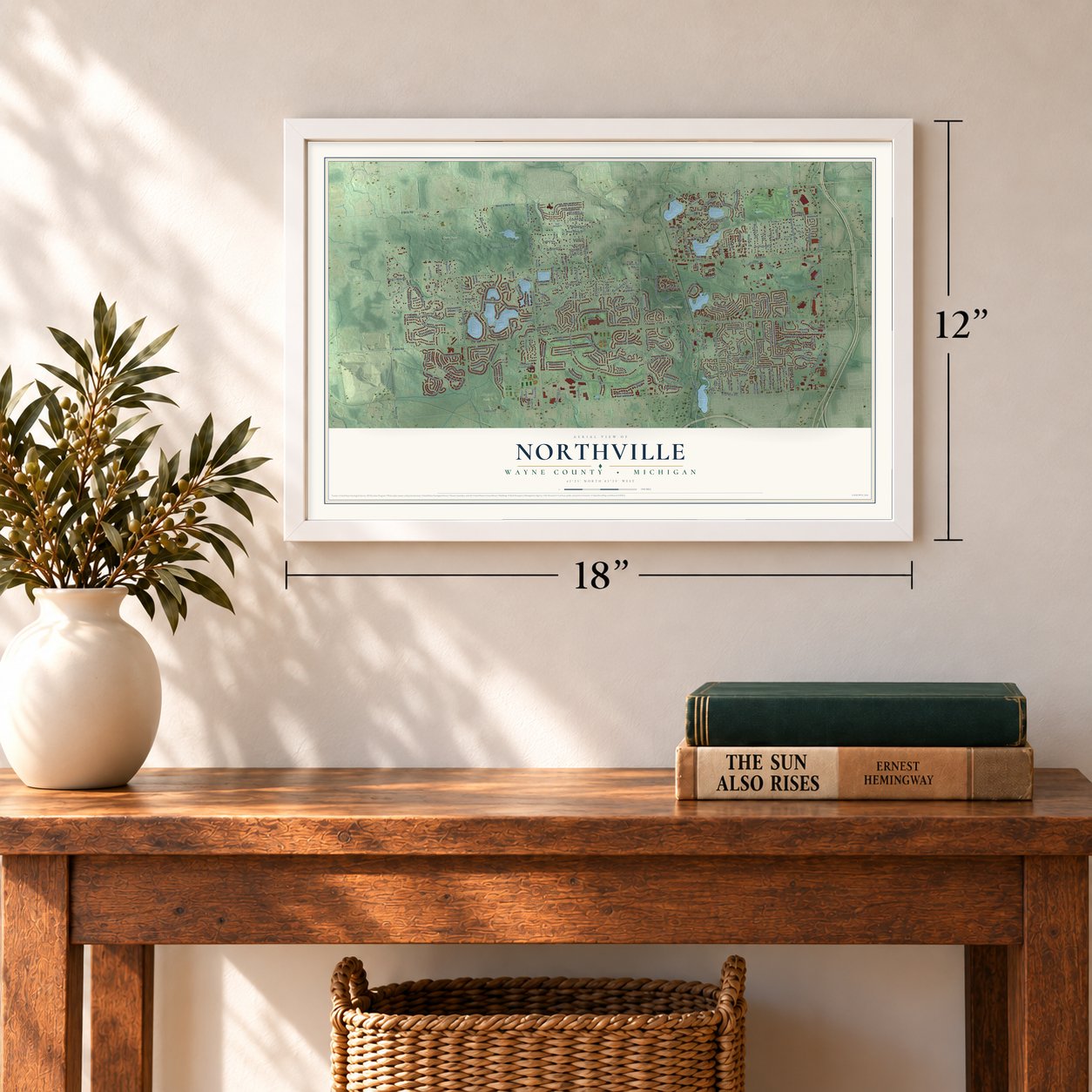 Northville, Wayne County, Michigan map, 12 x 18 inch print in a white frame in an entryway