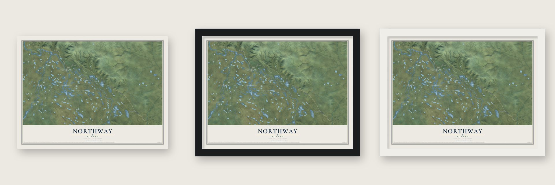 Northway, Alaska map unframed, in a black wood frame and in a white wood frame