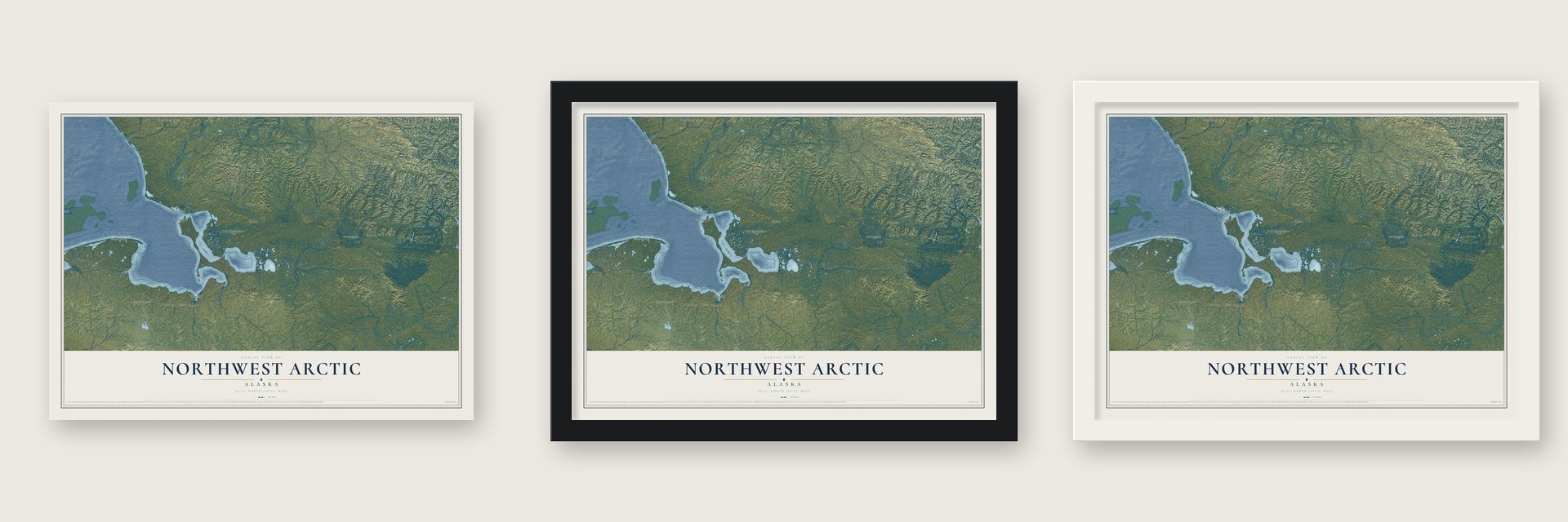 Northwest Arctic, Alaska map unframed, in a black wood frame and in a white wood frame