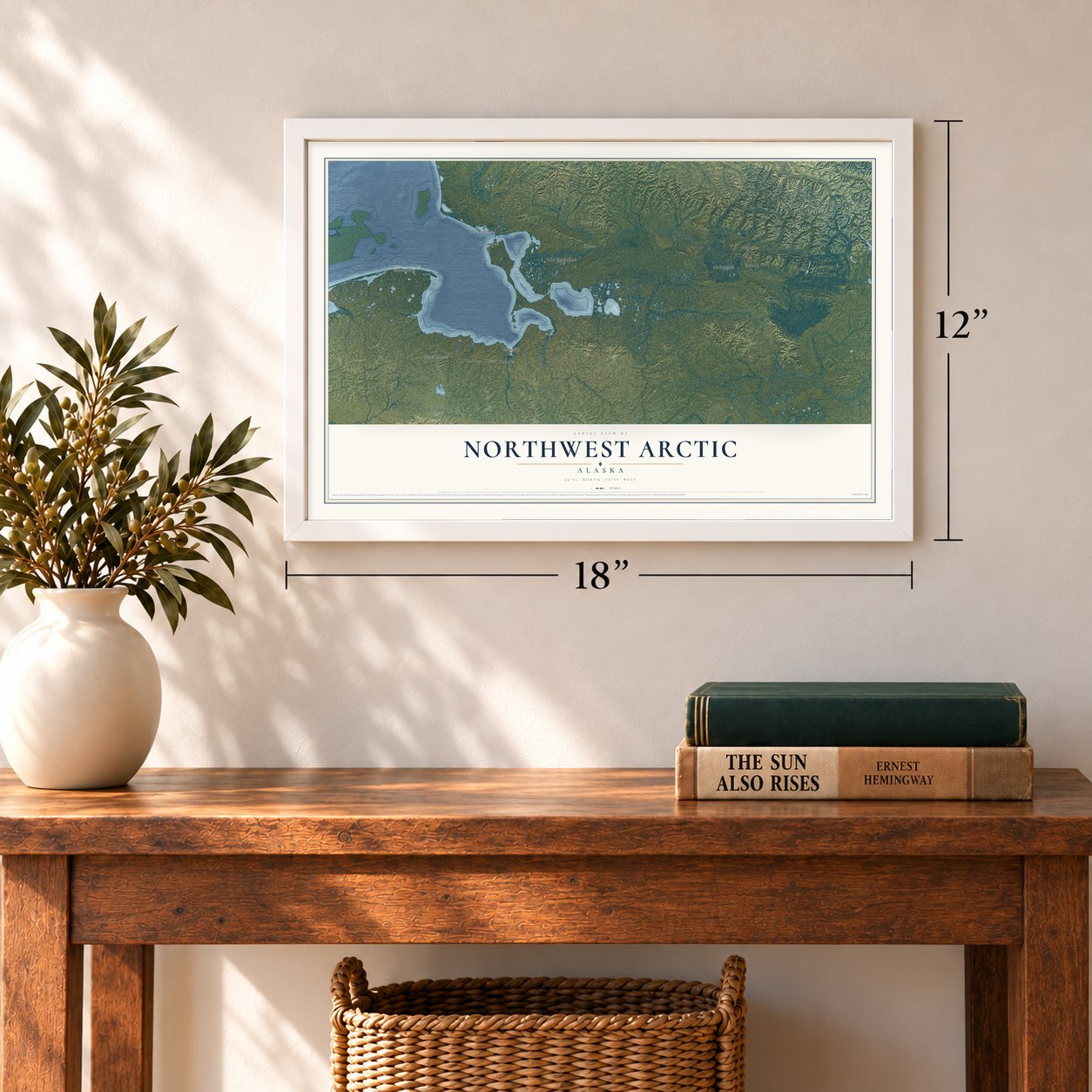 Northwest Arctic, Alaska map, 12 x 18 inch print in a white frame in an entryway