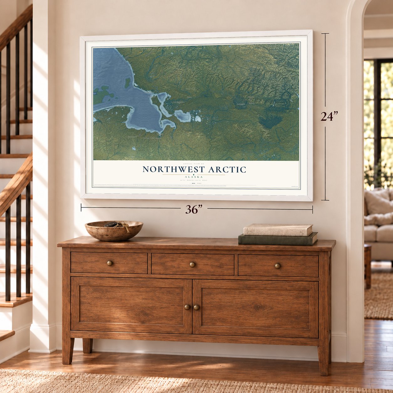 Northwest Arctic, Alaska map, 24 x 36 inch print in a white frame above a dresser by a staircase