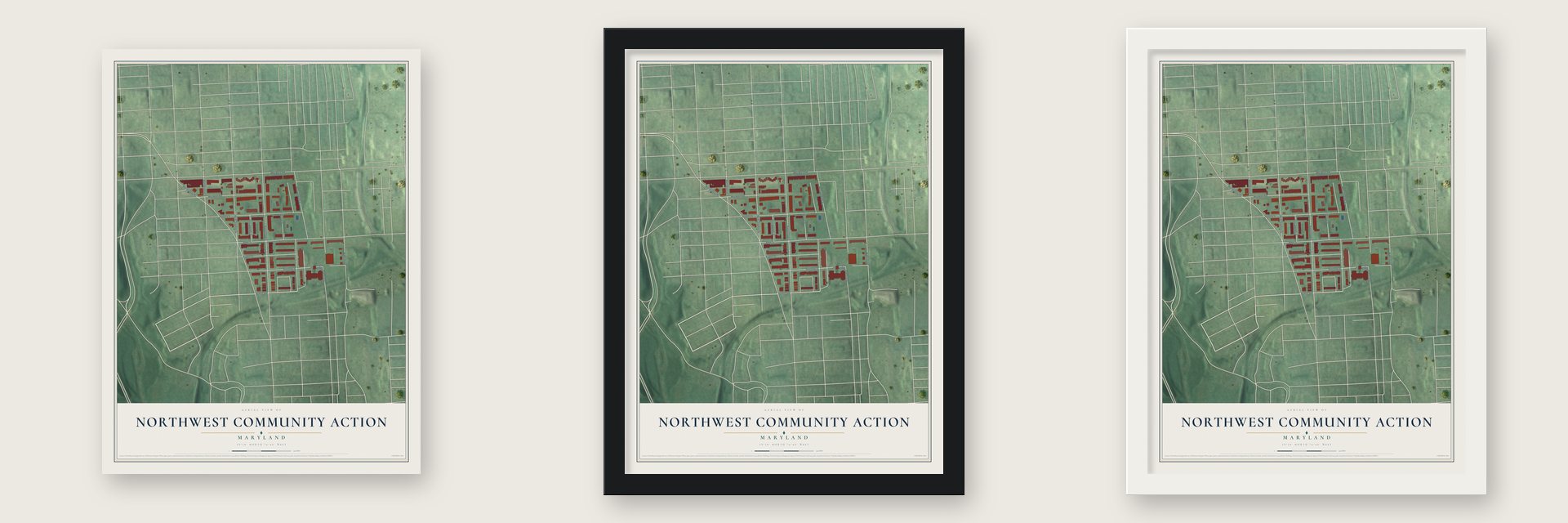 Northwest Community Action, Maryland map unframed, in a black wood frame and in a white wood frame