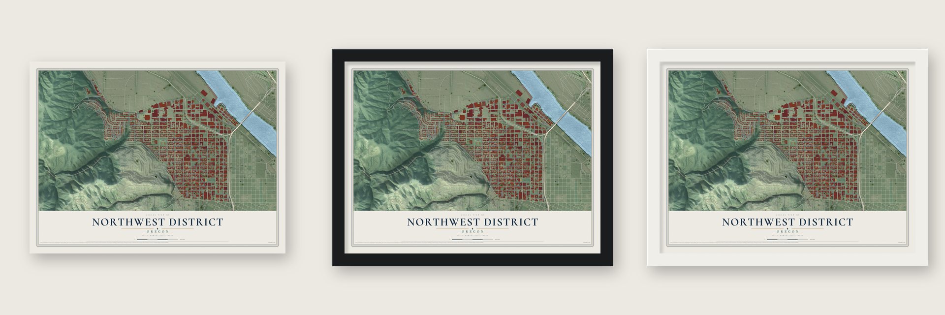 Northwest District, Oregon map unframed, in a black wood frame and in a white wood frame