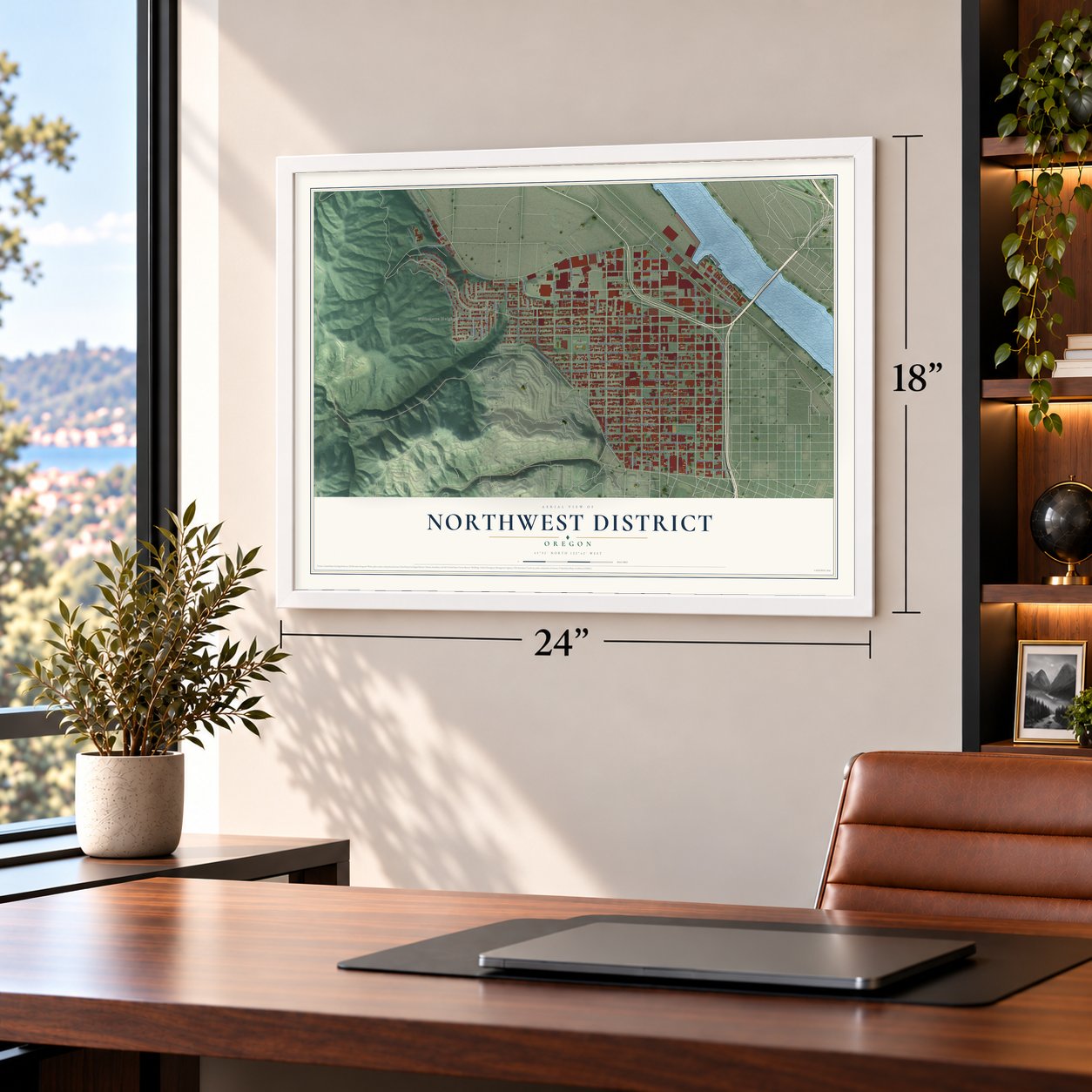Northwest District, Oregon map, 18 x 24 inch print in a white frame in a home office