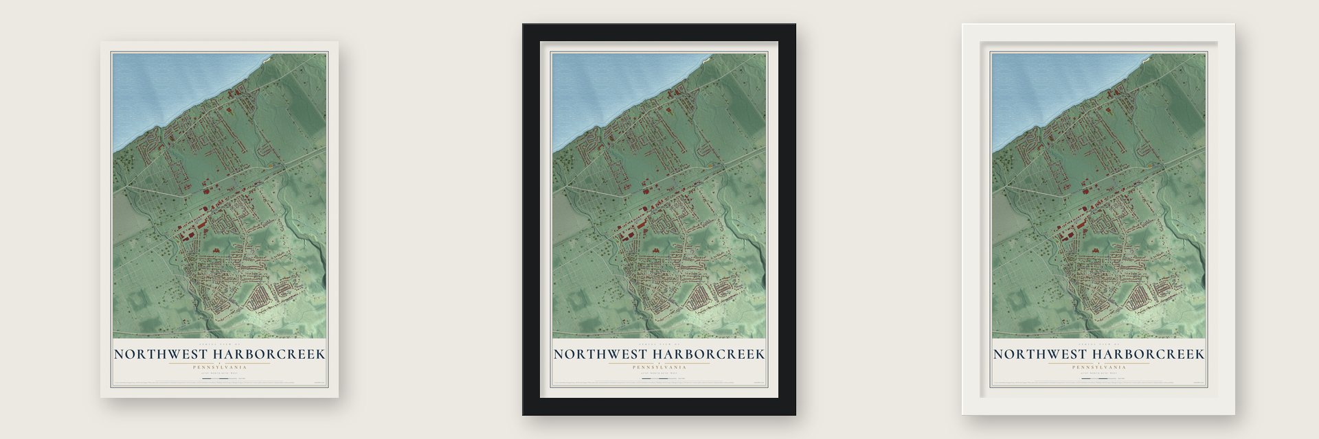 Northwest Harborcreek, Pennsylvania map unframed, in a black wood frame and in a white wood frame