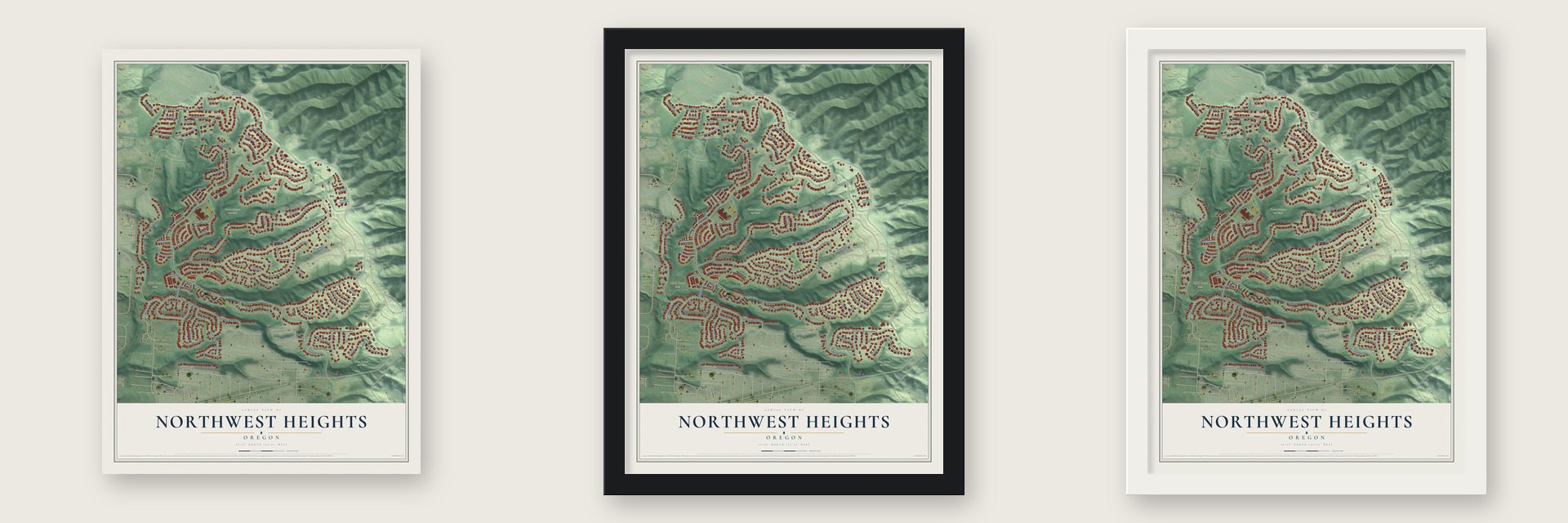 Northwest Heights, Oregon map unframed, in a black wood frame and in a white wood frame