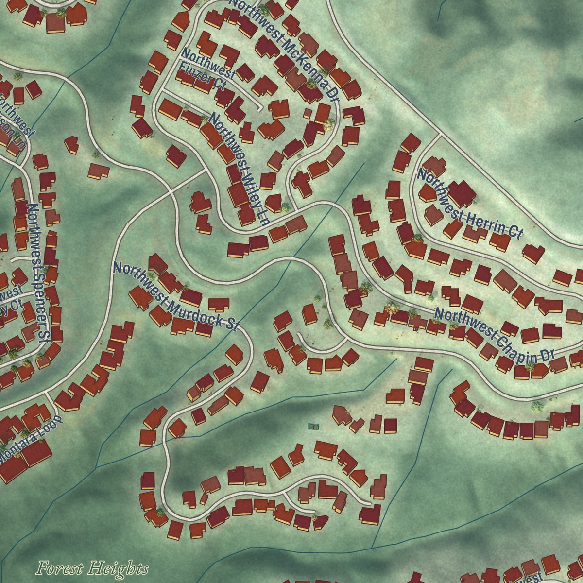 Second close-up of the map of Northwest Heights, Oregon print showing more streets and buildings