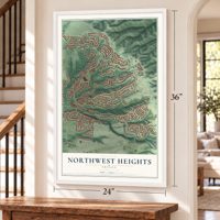 Northwest Heights, Oregon map, 24 x 36 inch print in a white frame by a staircase