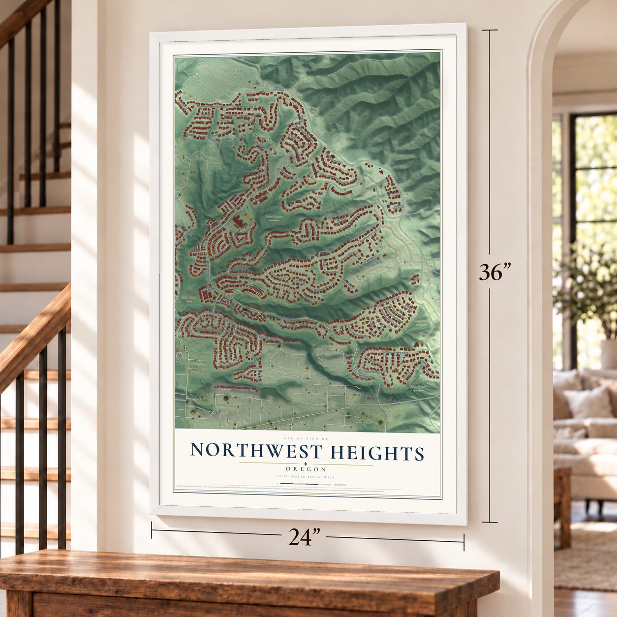 Northwest Heights, Oregon map, 24 x 36 inch print in a white frame by a staircase