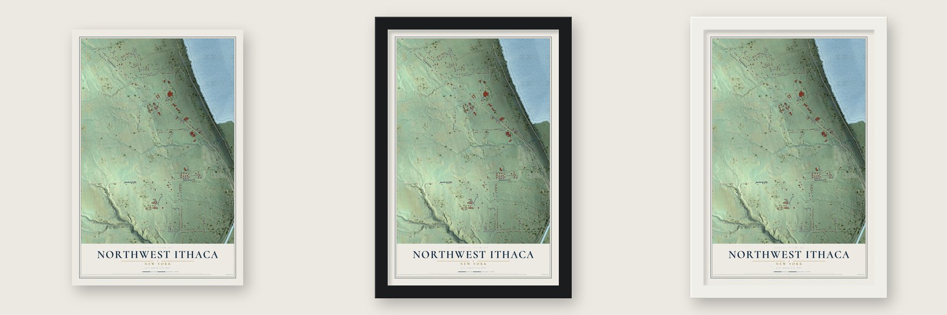 Northwest Ithaca, New York map unframed, in a black wood frame and in a white wood frame