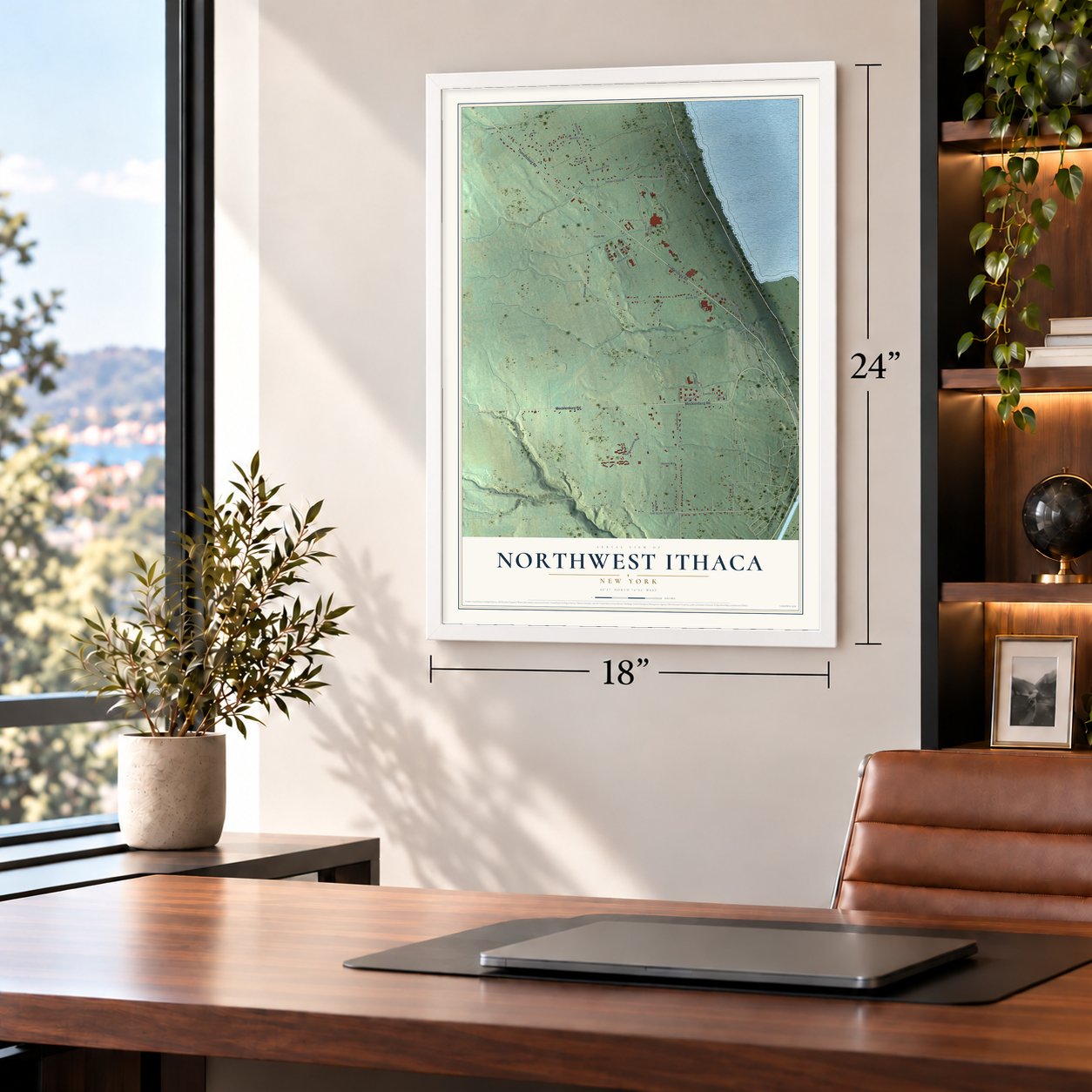 Northwest Ithaca, New York map, 18 x 24 inch print in a white frame in a home office