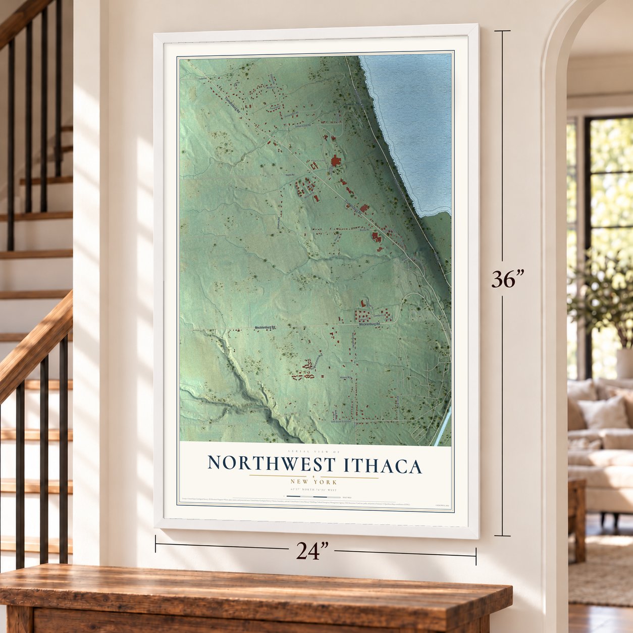 Northwest Ithaca, New York map, 24 x 36 inch print in a white frame by a staircase
