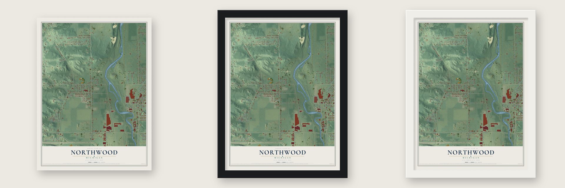 Northwood, Michigan map unframed, in a black wood frame and in a white wood frame