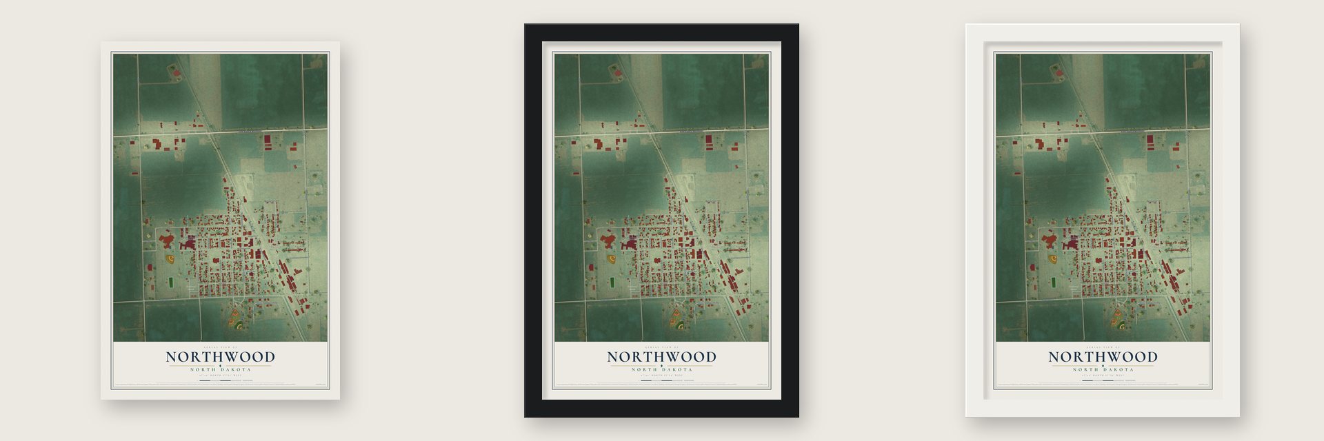 Northwood, North Dakota map unframed, in a black wood frame and in a white wood frame